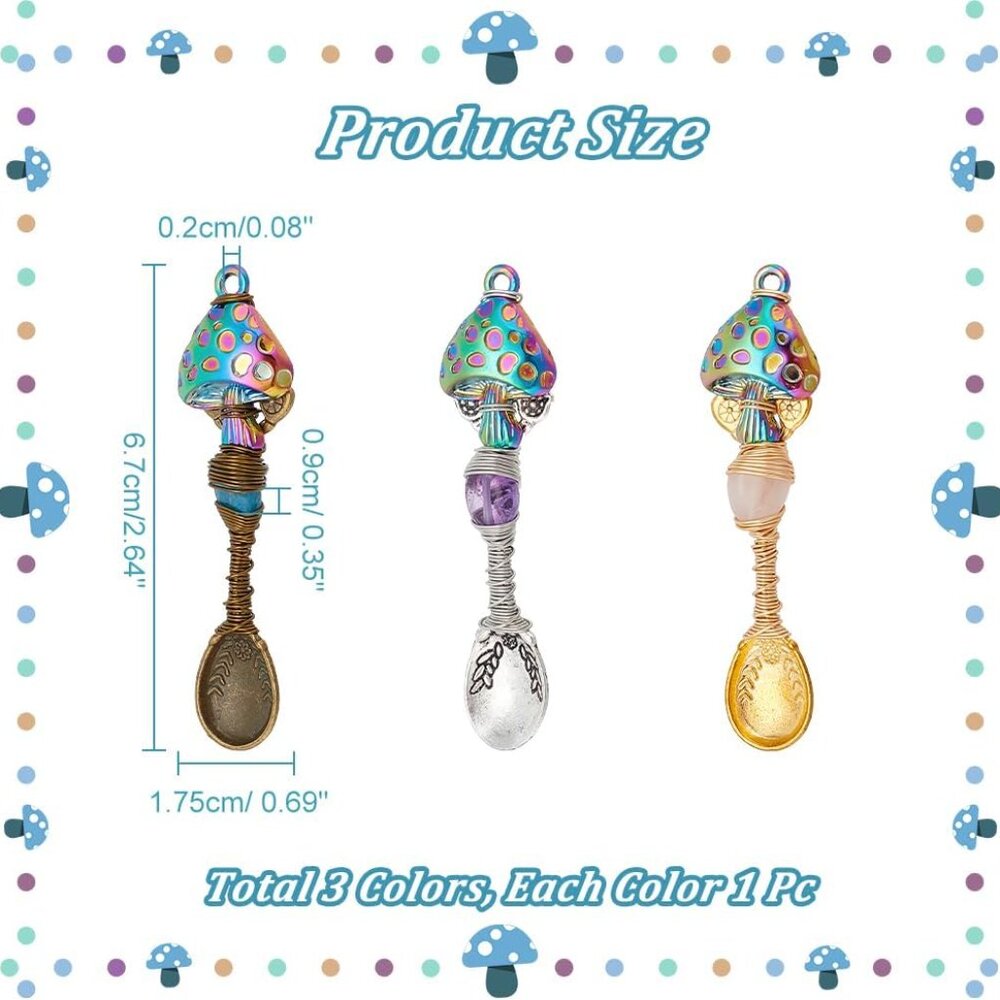 3 Pcs 3 Colors Natural Genstone Pendants, 2.6 Inch Long Mushroom Spoon Alloy Cha - Picture 2 of 6
